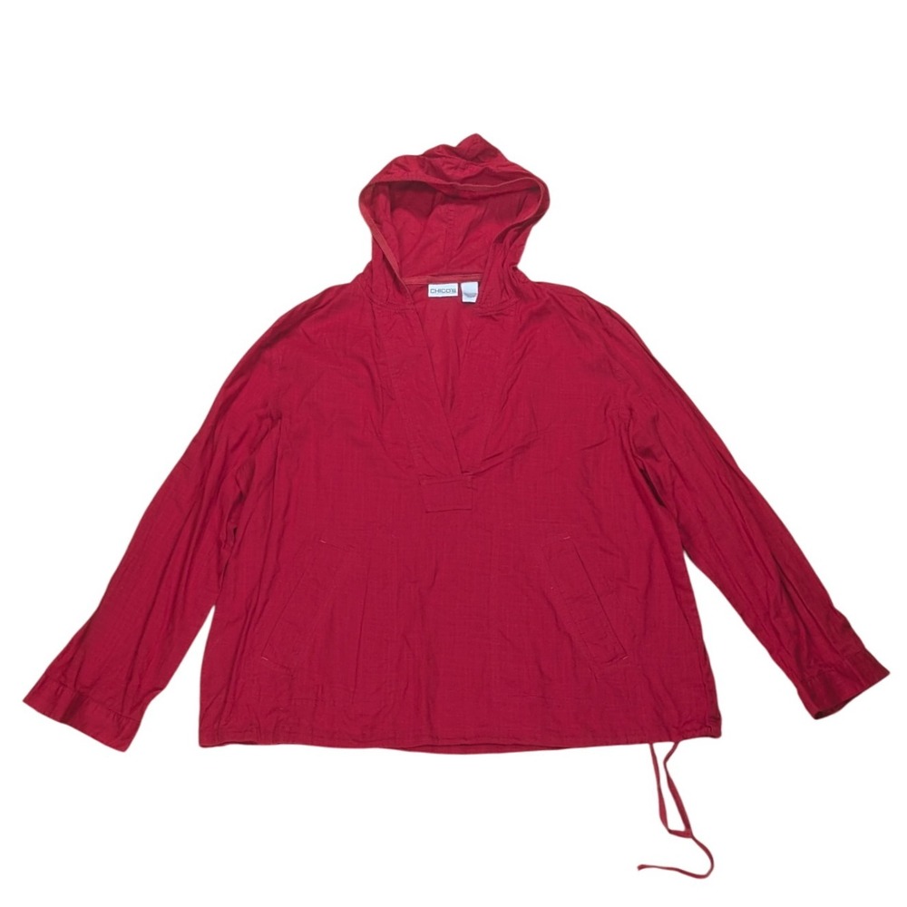 Chico's Hooded Red Tunic Top Cotton Lightweight Casual Chic Women's Large
